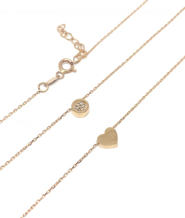 Auksinė dviguba grandinėlė su širdele ir cirkoniais