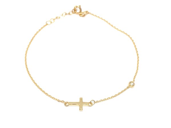 Auksinė apyrankė su kryželiu ir cirkoniu 17-18,5 cm