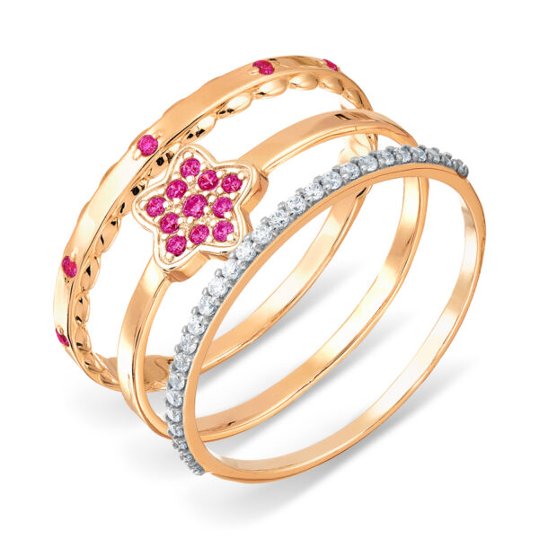 Trijų auksinių žiedų kompozicija su rožiniais cirkoniais 17 dydis