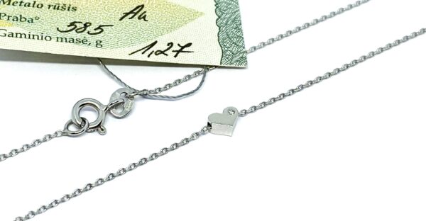 Balto aukso grandinėlė su minimalistine širdele su 0,005 ct briliantu